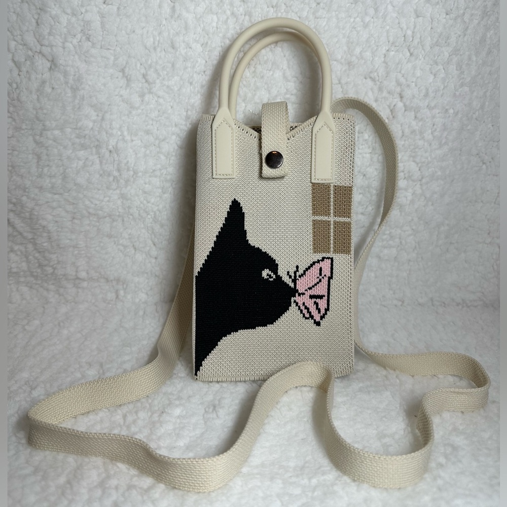Japanese Cute Cat Design Knit Small Shoulder Bag Off White